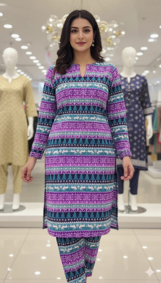 🥳 Big Sale Sale M-76. Rs.1450 Imported Luxury Korean Kotrai Woolen Velvet Same print Shirt & Truzer 2pc