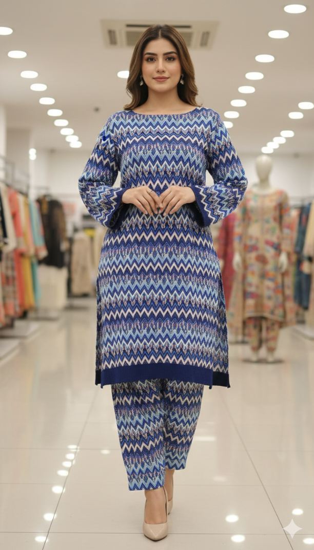 🥳 Big Sale Sale M-74. Rs.1450 Imported Luxury Korean Kotrai Woolen Velvet Same print Shirt & Truzer 2pc