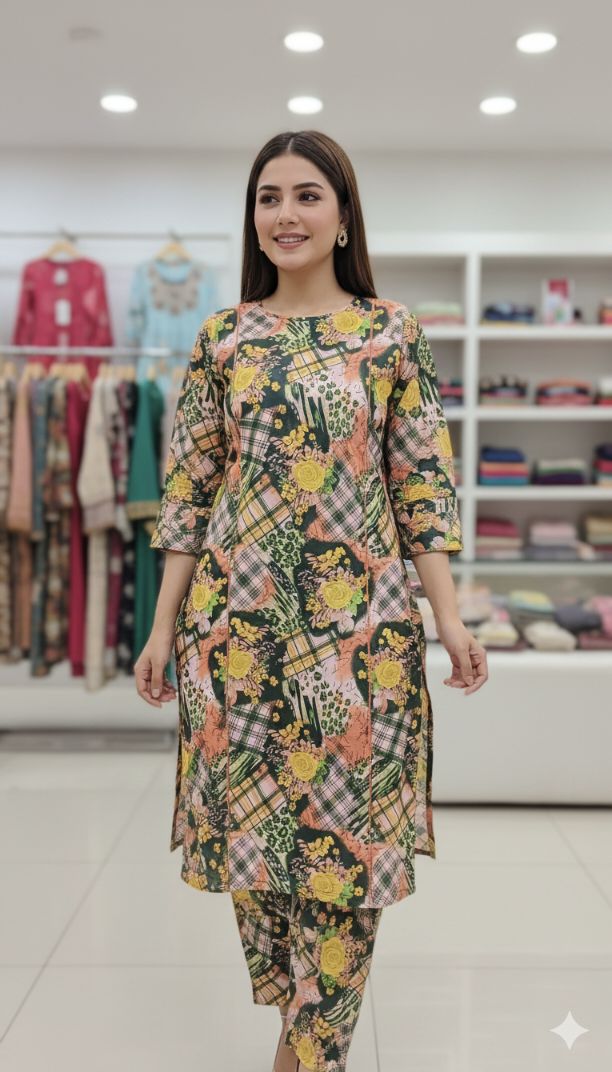 🥳 Big Sale Sale M-73. Rs.1450 Imported Luxury Korean Kotrai Woolen Velvet Same print Shirt & Truzer 2pc