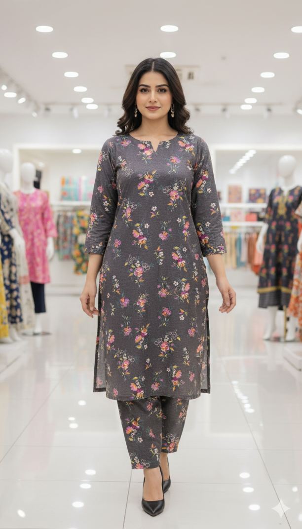 🥳 Big Sale Sale M-72. Rs.1450 Imported Luxury Korean Kotrai Woolen Velvet Same print Shirt & Truzer 2pc